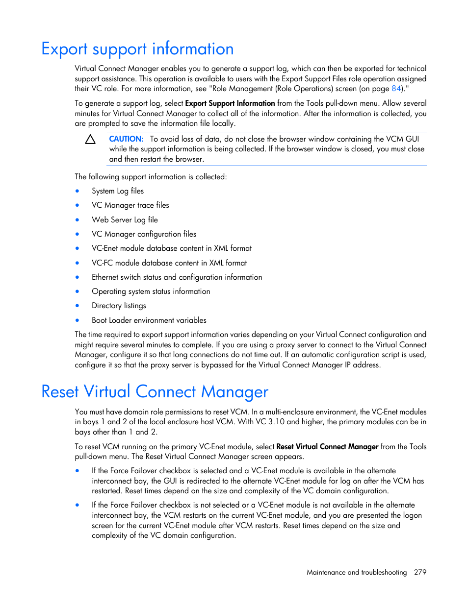 Export support information, Reset virtual connect manager | HP Virtual Connect 8Gb 20-port Fibre Channel Module for c-Class BladeSystem User Manual | Page 279 / 317