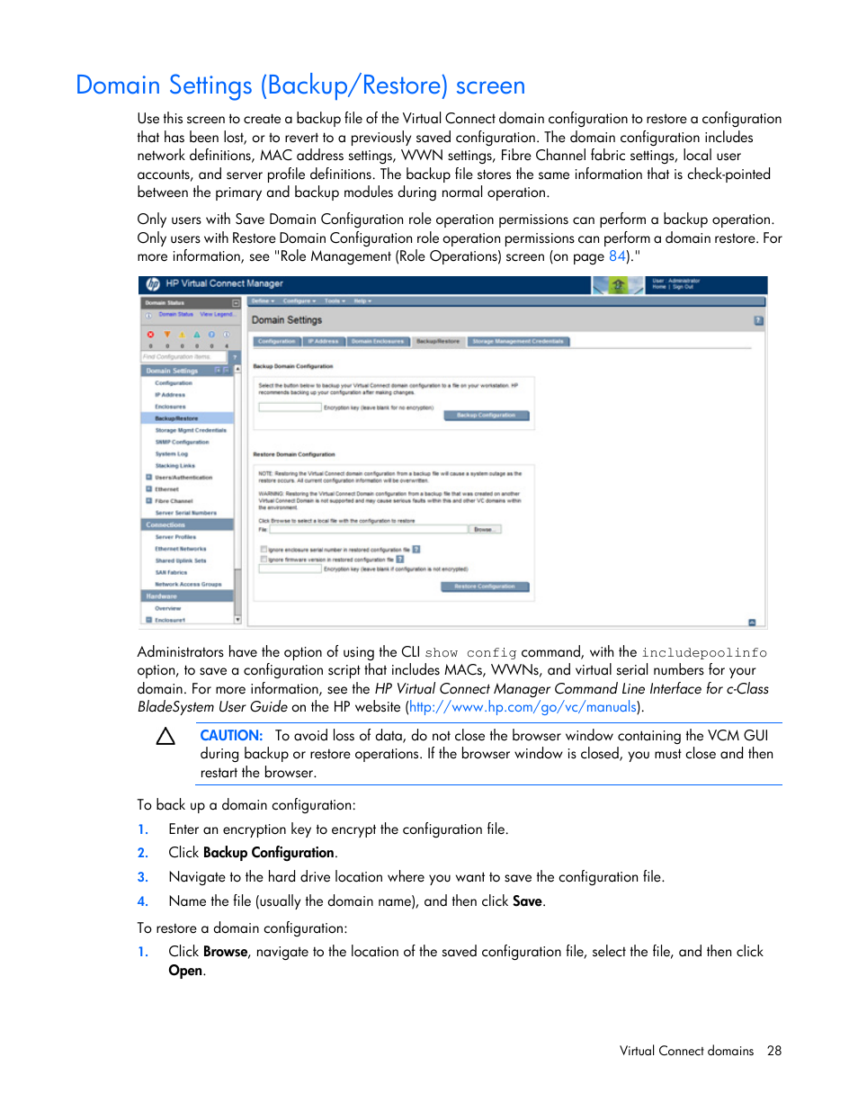 Domain settings (backup/restore) screen | HP Virtual Connect 8Gb 20-port Fibre Channel Module for c-Class BladeSystem User Manual | Page 28 / 317