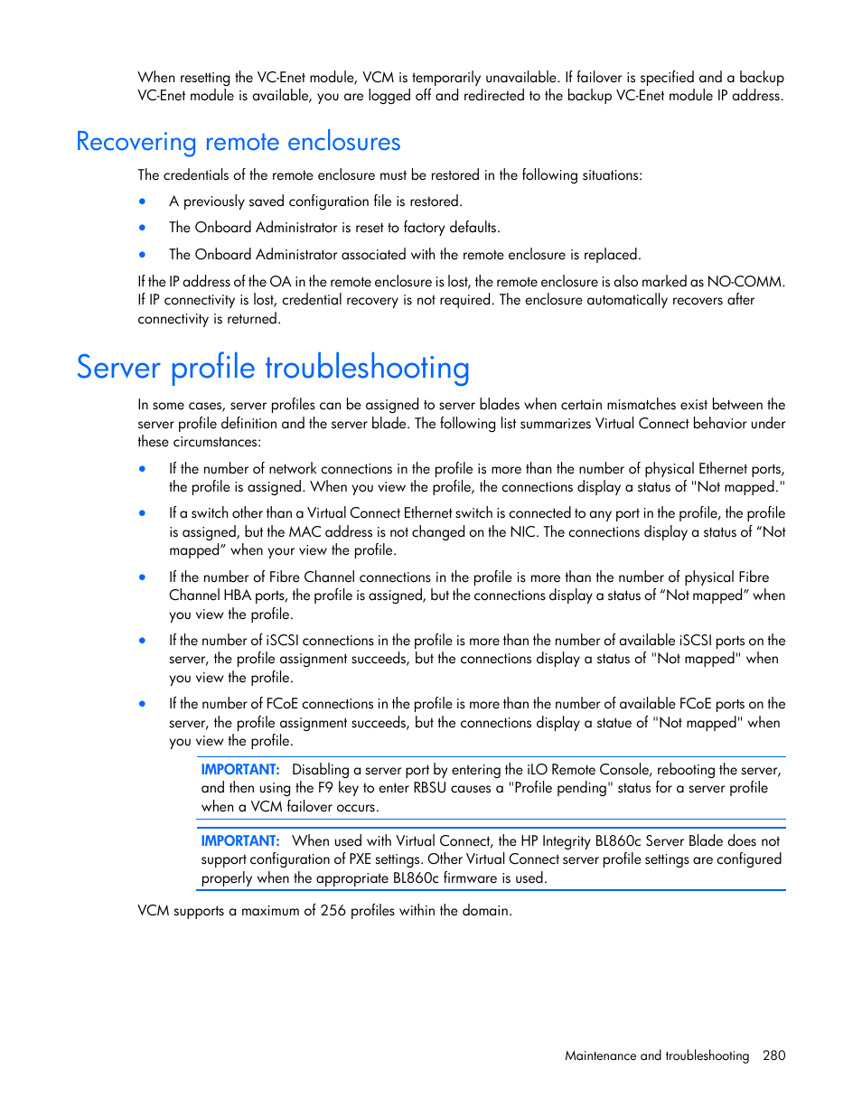 Recovering remote enclosures, Server profile troubleshooting | HP Virtual Connect 8Gb 20-port Fibre Channel Module for c-Class BladeSystem User Manual | Page 280 / 317