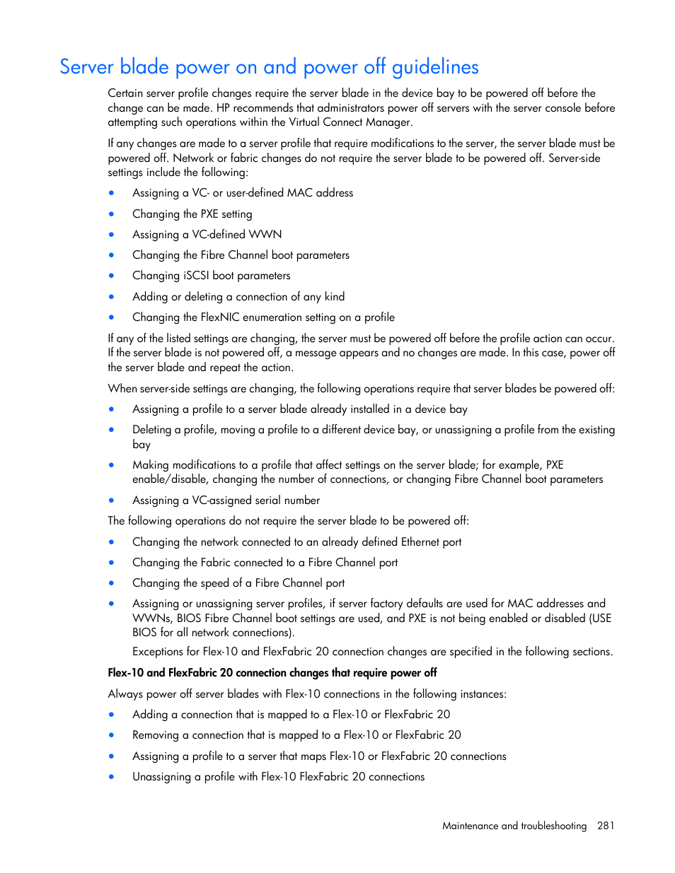 Server blade power on and power off guidelines | HP Virtual Connect 8Gb 20-port Fibre Channel Module for c-Class BladeSystem User Manual | Page 281 / 317