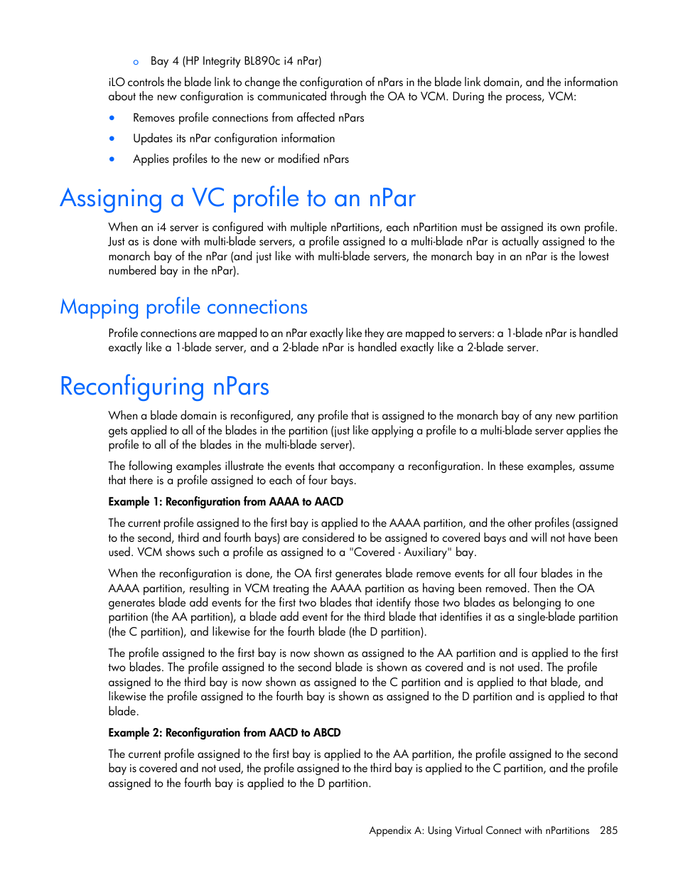 Assigning a vc profile to an npar, Mapping profile connections, Reconfiguring npars | HP Virtual Connect 8Gb 20-port Fibre Channel Module for c-Class BladeSystem User Manual | Page 285 / 317