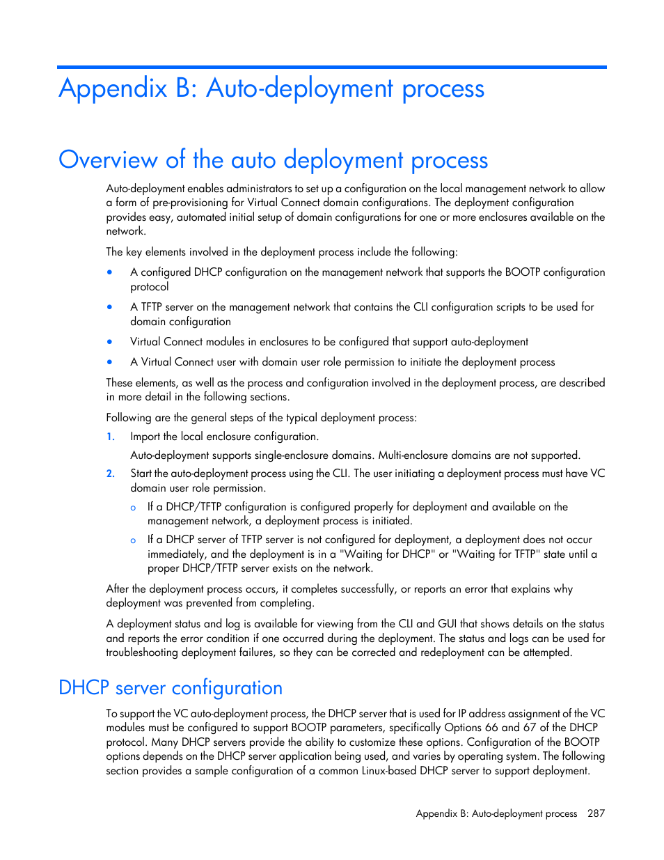 Appendix b: auto-deployment process, Overview of the auto deployment process, Dhcp server configuration | HP Virtual Connect 8Gb 20-port Fibre Channel Module for c-Class BladeSystem User Manual | Page 287 / 317