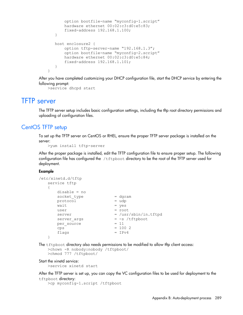 Tftp server, Centos tftp setup | HP Virtual Connect 8Gb 20-port Fibre Channel Module for c-Class BladeSystem User Manual | Page 289 / 317