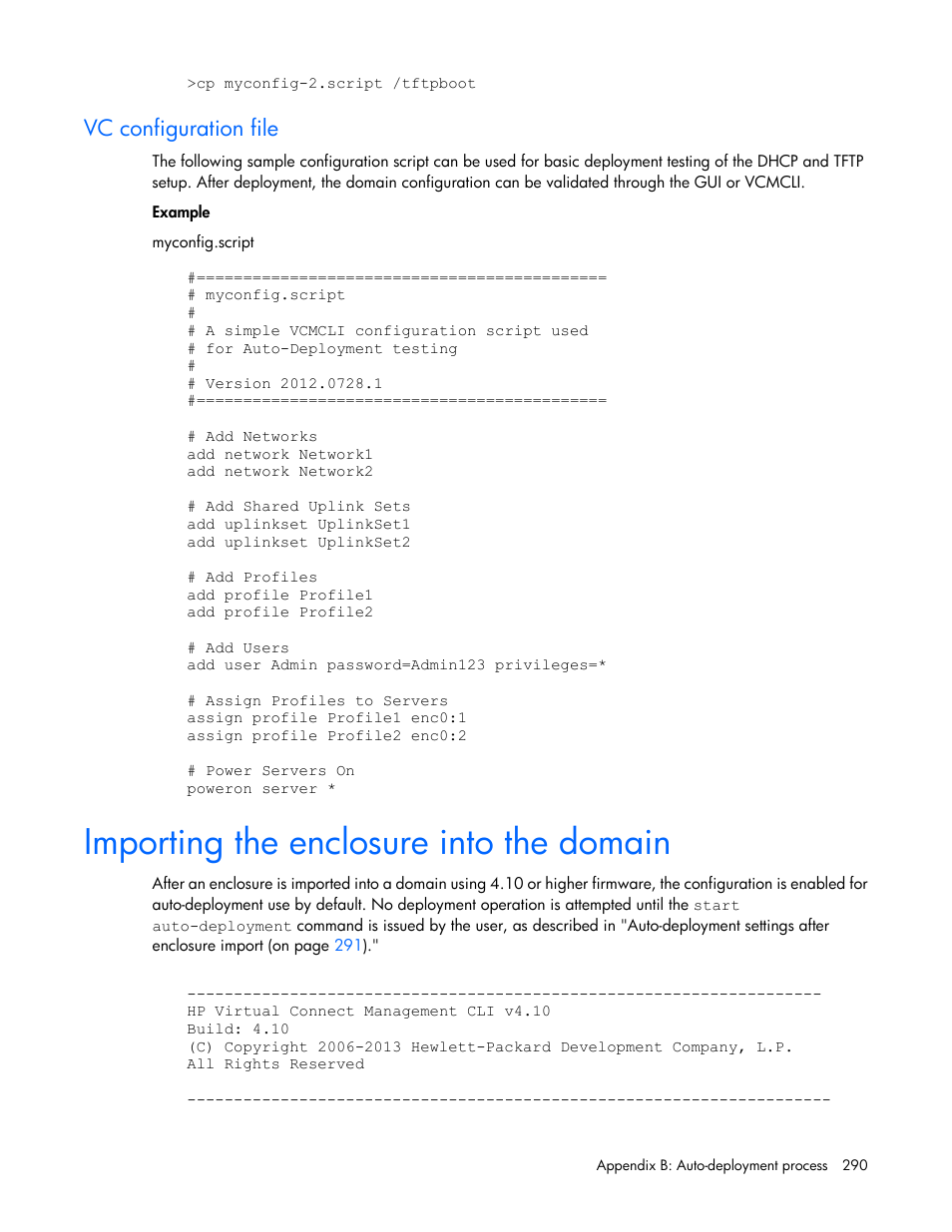 Vc configuration file, Importing the enclosure into the domain | HP Virtual Connect 8Gb 20-port Fibre Channel Module for c-Class BladeSystem User Manual | Page 290 / 317