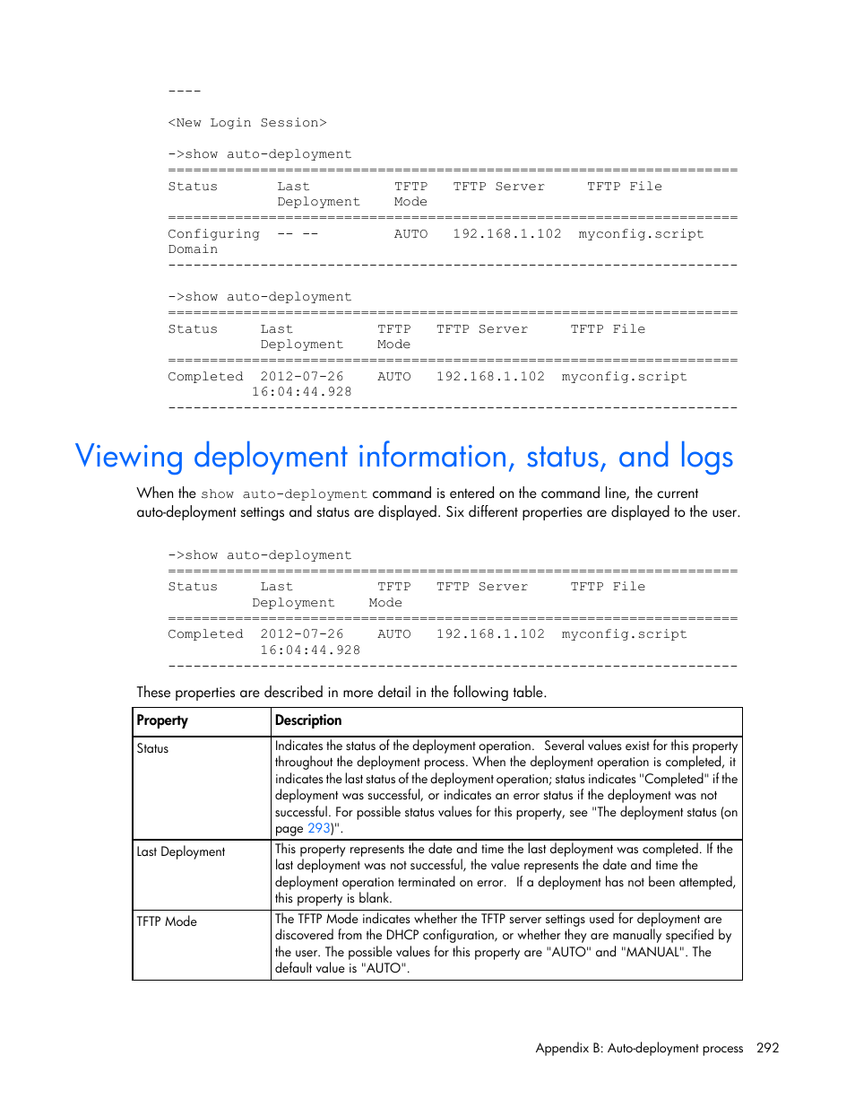 Viewing deployment information, status, and logs | HP Virtual Connect 8Gb 20-port Fibre Channel Module for c-Class BladeSystem User Manual | Page 292 / 317