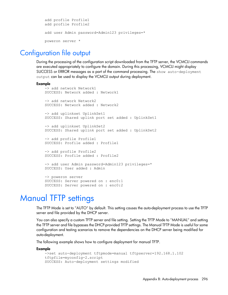 Configuration file output, Manual tftp settings | HP Virtual Connect 8Gb 20-port Fibre Channel Module for c-Class BladeSystem User Manual | Page 296 / 317