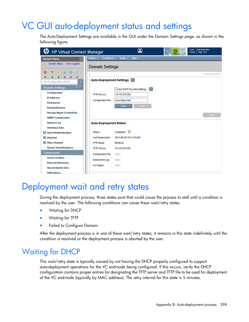 Vc gui auto-deployment status and settings, Deployment wait and retry states, Waiting for dhcp | HP Virtual Connect 8Gb 20-port Fibre Channel Module for c-Class BladeSystem User Manual | Page 298 / 317