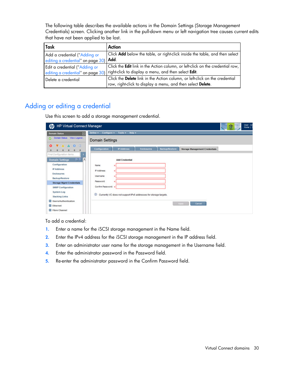 Adding or editing a credential | HP Virtual Connect 8Gb 20-port Fibre Channel Module for c-Class BladeSystem User Manual | Page 30 / 317