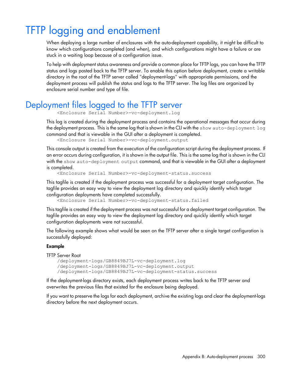 Tftp logging and enablement, Deployment files logged to the tftp server | HP Virtual Connect 8Gb 20-port Fibre Channel Module for c-Class BladeSystem User Manual | Page 300 / 317