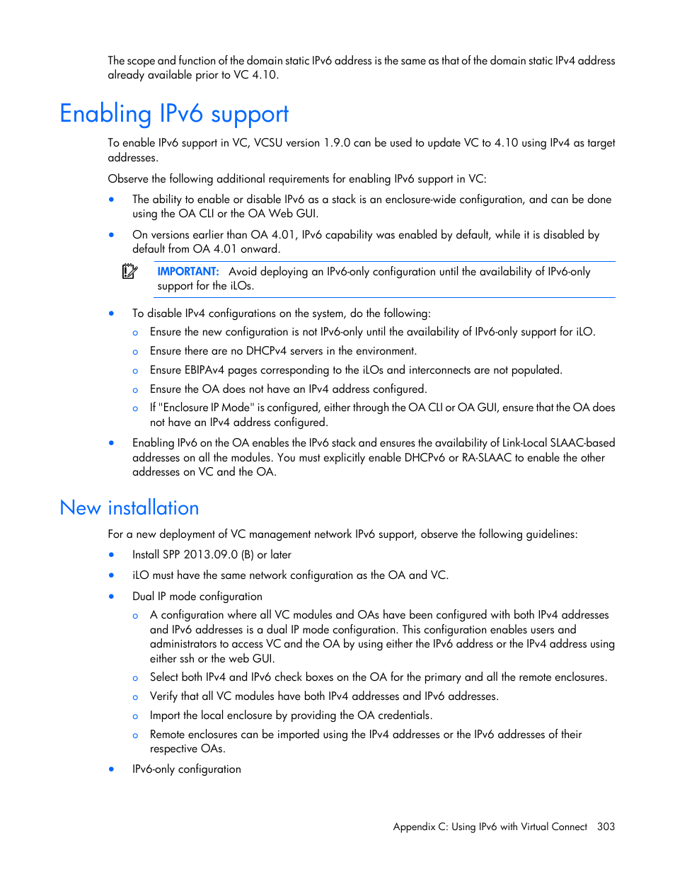 Enabling ipv6 support, New installation | HP Virtual Connect 8Gb 20-port Fibre Channel Module for c-Class BladeSystem User Manual | Page 303 / 317