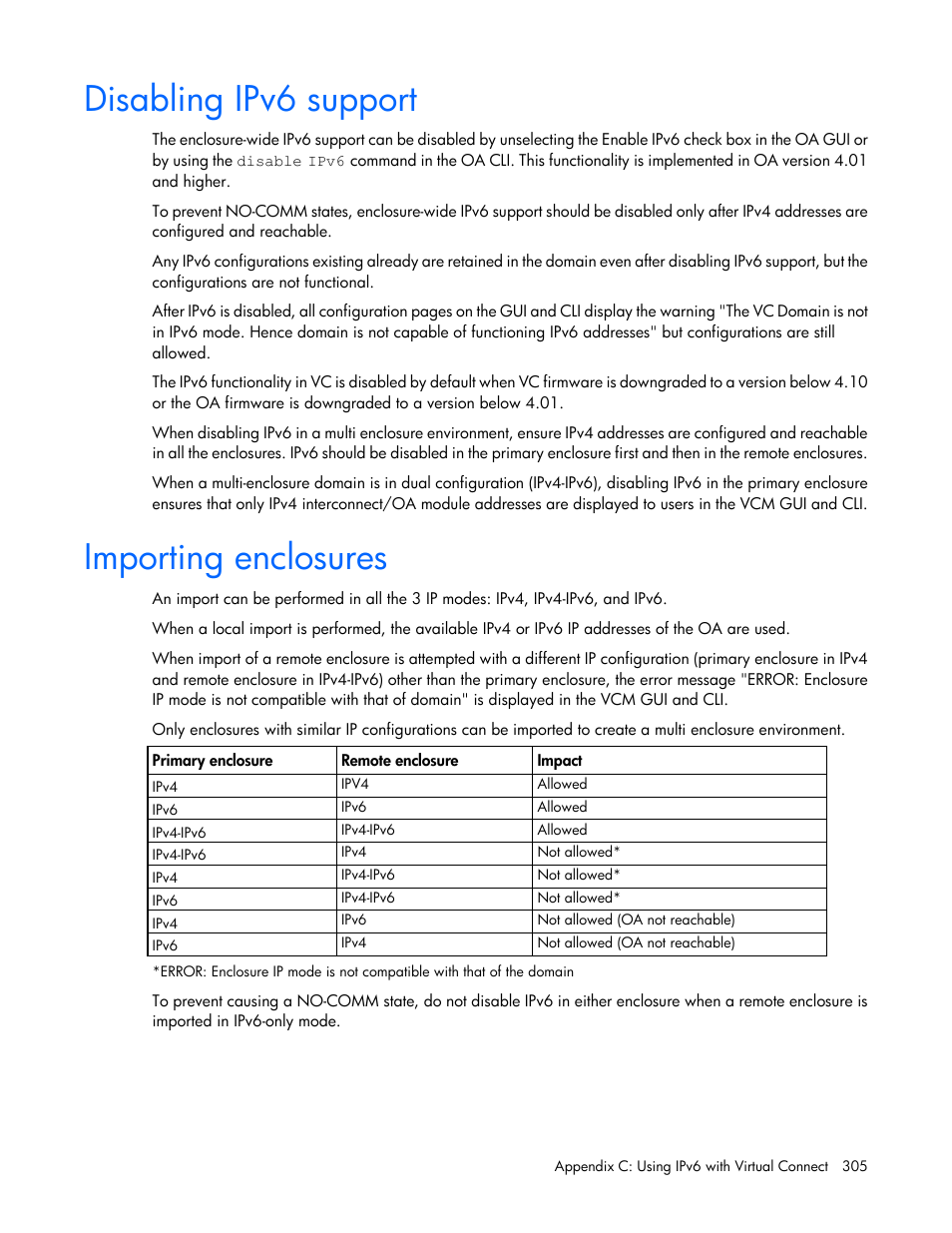 Disabling ipv6 support, Importing enclosures | HP Virtual Connect 8Gb 20-port Fibre Channel Module for c-Class BladeSystem User Manual | Page 305 / 317