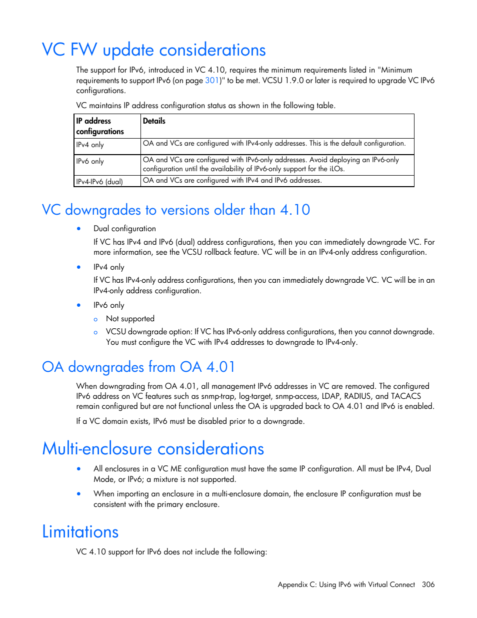 Vc fw update considerations, Vc downgrades to versions older than 4.10, Oa downgrades from oa 4.01 | Multi-enclosure considerations, Limitations | HP Virtual Connect 8Gb 20-port Fibre Channel Module for c-Class BladeSystem User Manual | Page 306 / 317