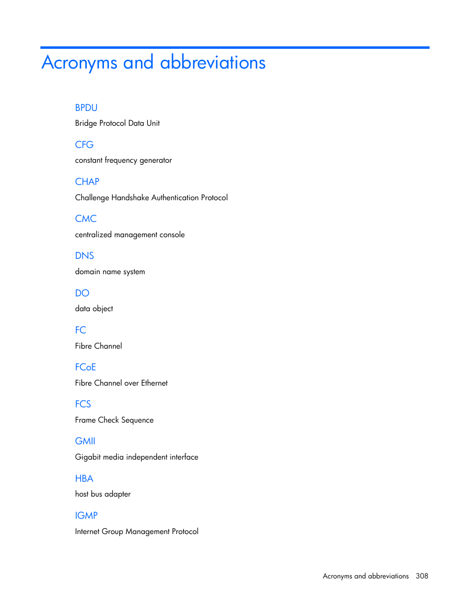 Acronyms and abbreviations | HP Virtual Connect 8Gb 20-port Fibre Channel Module for c-Class BladeSystem User Manual | Page 308 / 317