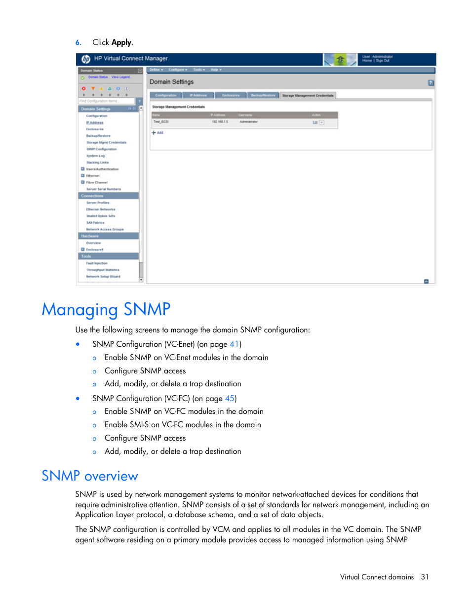 Managing snmp, Snmp overview | HP Virtual Connect 8Gb 20-port Fibre Channel Module for c-Class BladeSystem User Manual | Page 31 / 317