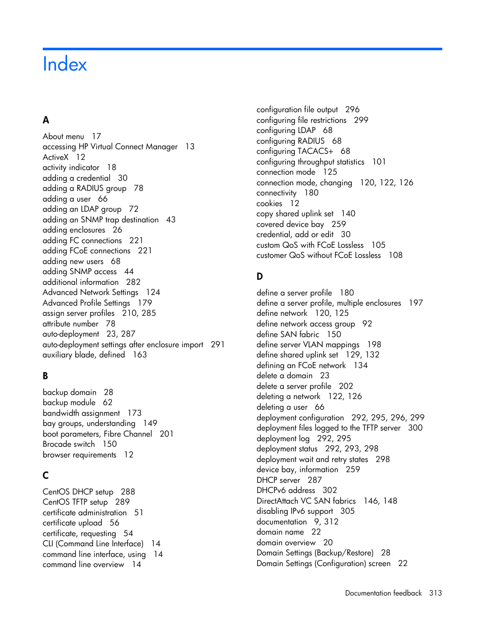 Index | HP Virtual Connect 8Gb 20-port Fibre Channel Module for c-Class BladeSystem User Manual | Page 313 / 317