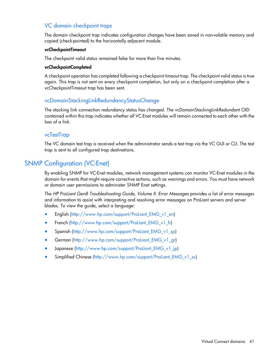 Vc domain checkpoint traps, Vcdomainstackinglinkredundancystatuschange, Vctesttrap | Snmp configuration (vc-enet) | HP Virtual Connect 8Gb 20-port Fibre Channel Module for c-Class BladeSystem User Manual | Page 41 / 317