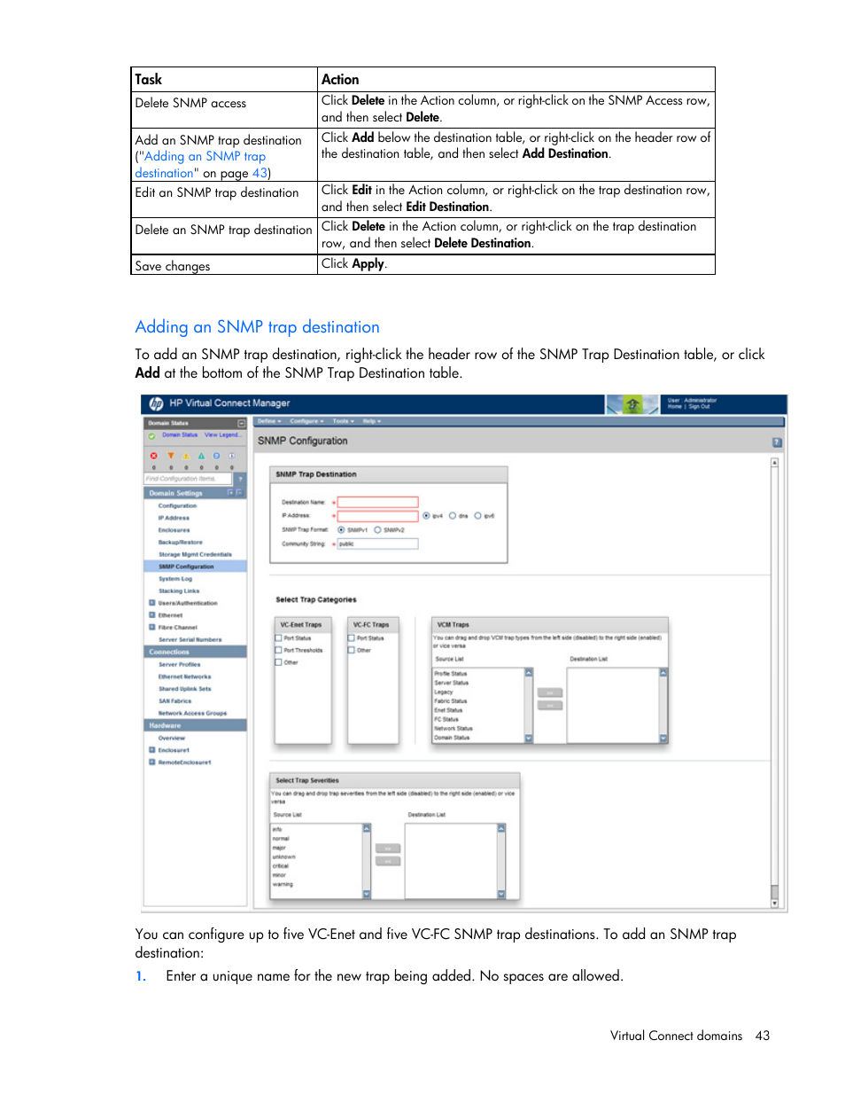 Adding an snmp trap destination | HP Virtual Connect 8Gb 20-port Fibre Channel Module for c-Class BladeSystem User Manual | Page 43 / 317