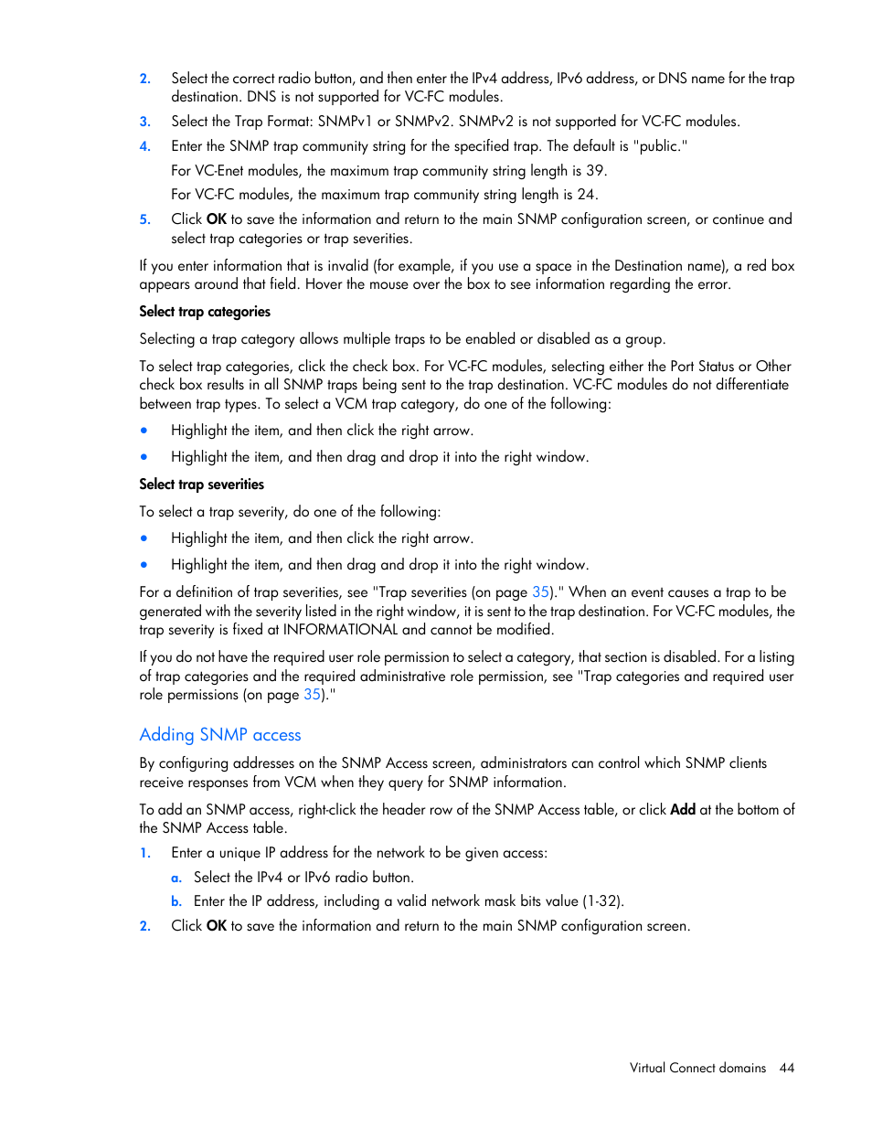 Adding snmp access, Adding, Snmp access | HP Virtual Connect 8Gb 20-port Fibre Channel Module for c-Class BladeSystem User Manual | Page 44 / 317