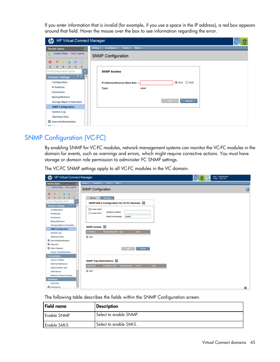 Snmp configuration (vc-fc) | HP Virtual Connect 8Gb 20-port Fibre Channel Module for c-Class BladeSystem User Manual | Page 45 / 317