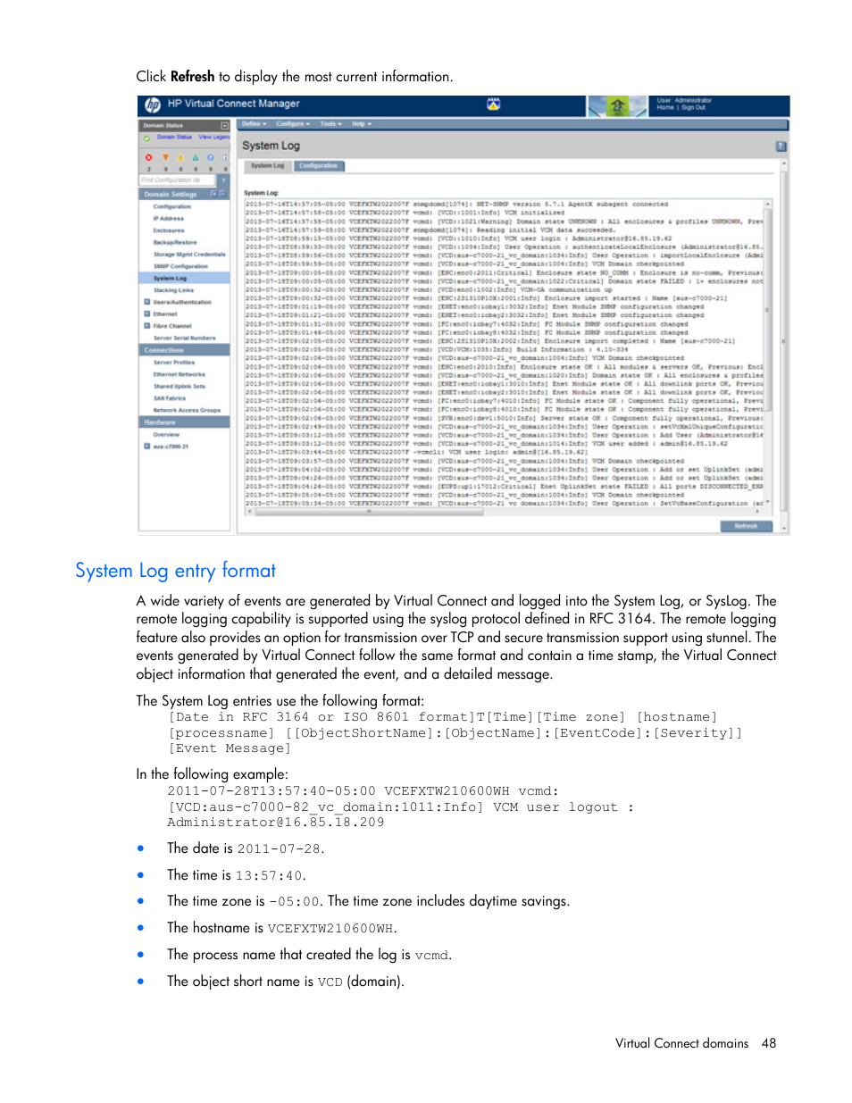 System log entry format | HP Virtual Connect 8Gb 20-port Fibre Channel Module for c-Class BladeSystem User Manual | Page 48 / 317