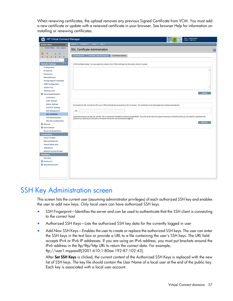 Ssh key administration screen | HP Virtual Connect 8Gb 20-port Fibre Channel Module for c-Class BladeSystem User Manual | Page 57 / 317