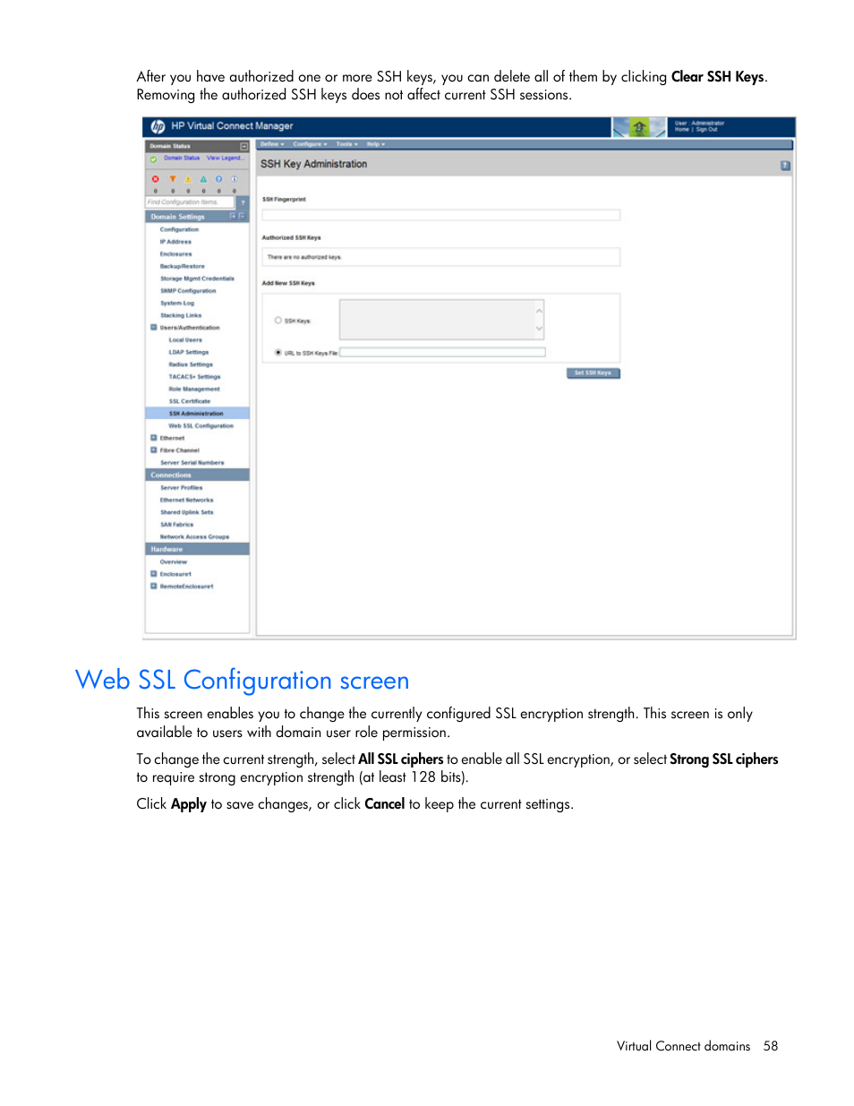 Web ssl configuration screen | HP Virtual Connect 8Gb 20-port Fibre Channel Module for c-Class BladeSystem User Manual | Page 58 / 317