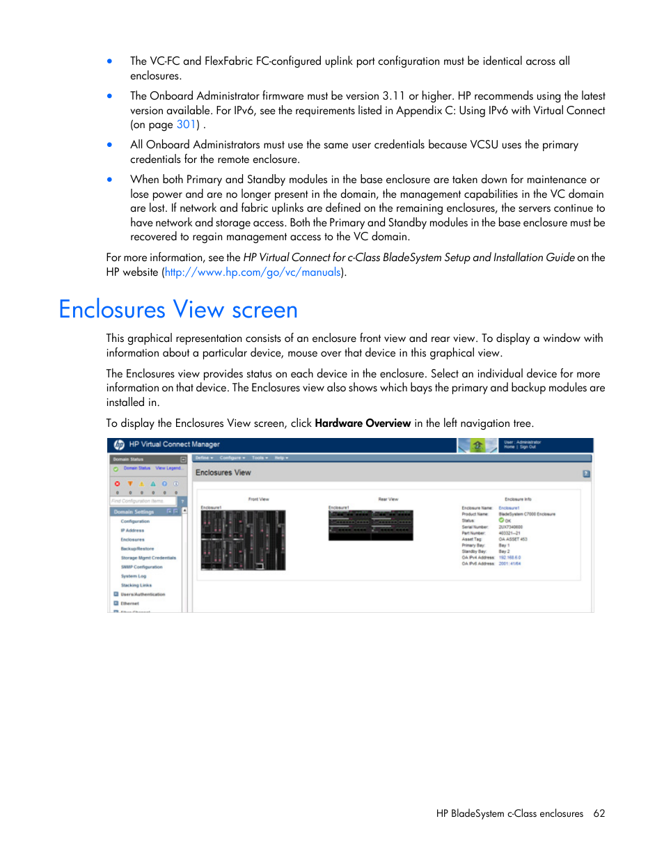 Enclosures view screen | HP Virtual Connect 8Gb 20-port Fibre Channel Module for c-Class BladeSystem User Manual | Page 62 / 317