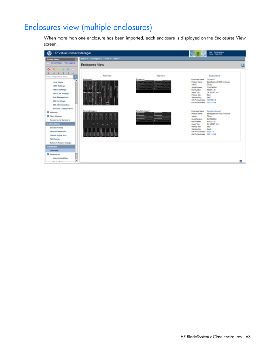 Enclosures view (multiple enclosures) | HP Virtual Connect 8Gb 20-port Fibre Channel Module for c-Class BladeSystem User Manual | Page 63 / 317