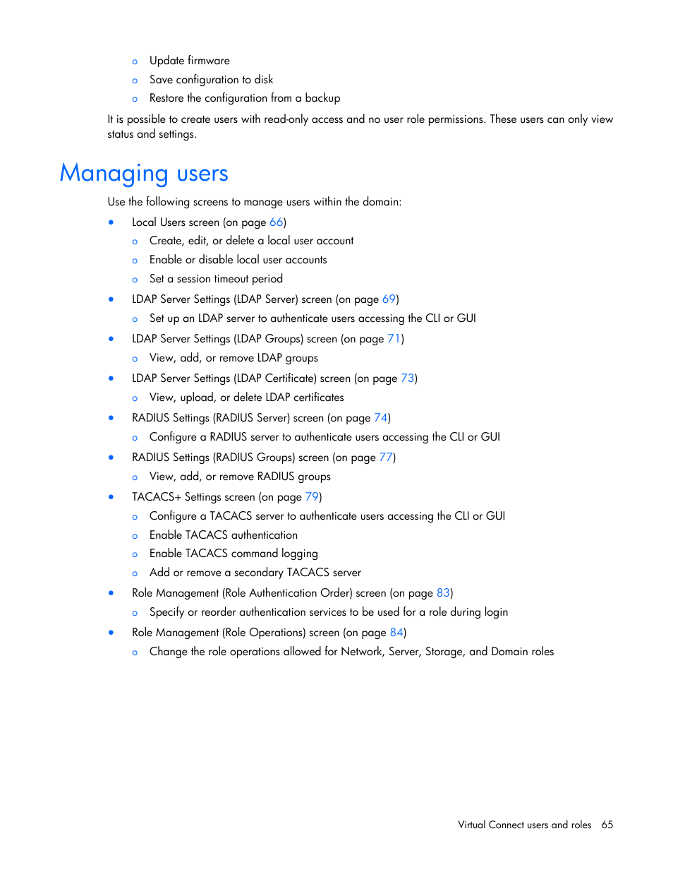 Managing users | HP Virtual Connect 8Gb 20-port Fibre Channel Module for c-Class BladeSystem User Manual | Page 65 / 317