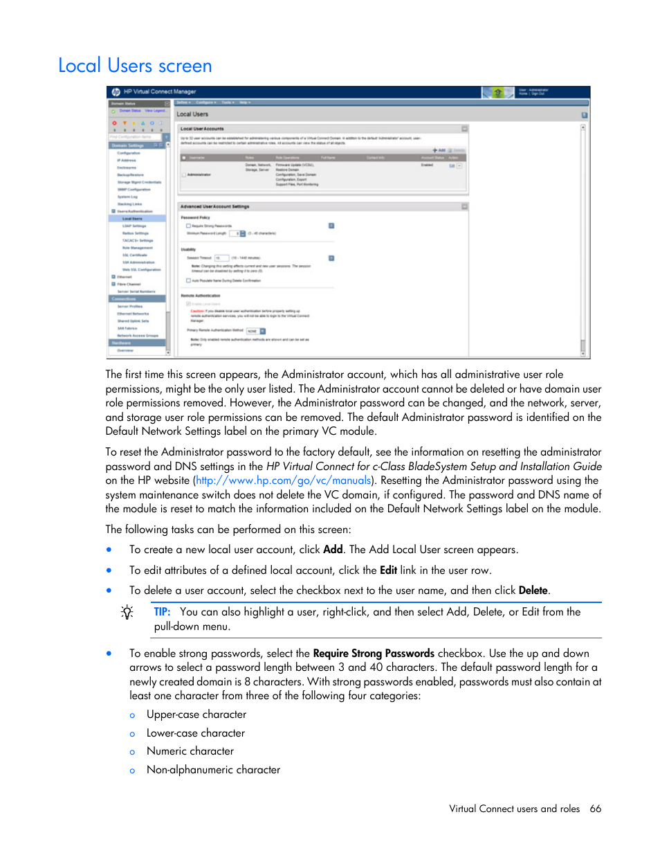 Local users screen | HP Virtual Connect 8Gb 20-port Fibre Channel Module for c-Class BladeSystem User Manual | Page 66 / 317