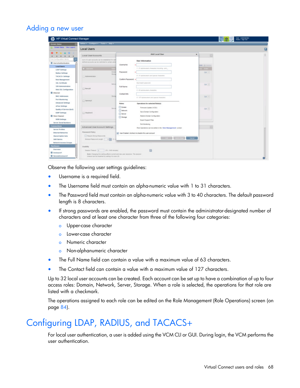 Adding a new user, Configuring ldap, radius, and tacacs | HP Virtual Connect 8Gb 20-port Fibre Channel Module for c-Class BladeSystem User Manual | Page 68 / 317