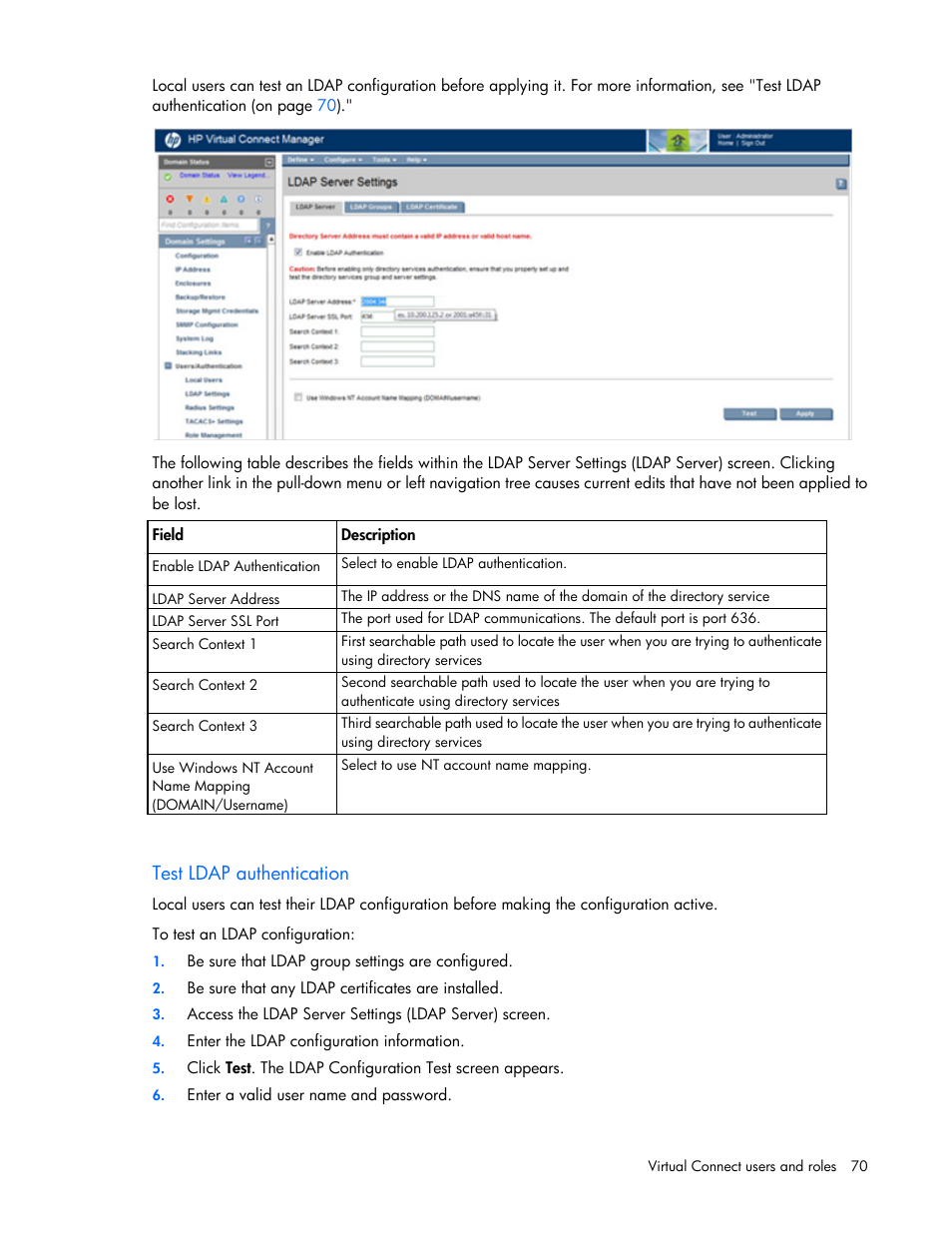 Test ldap authentication | HP Virtual Connect 8Gb 20-port Fibre Channel Module for c-Class BladeSystem User Manual | Page 70 / 317