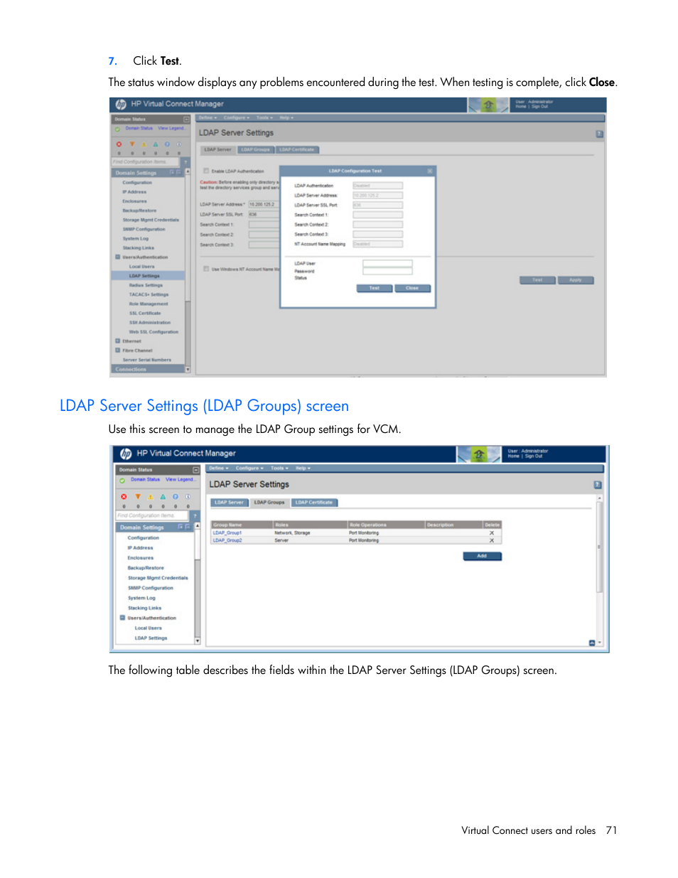 Ldap server settings (ldap groups) screen | HP Virtual Connect 8Gb 20-port Fibre Channel Module for c-Class BladeSystem User Manual | Page 71 / 317