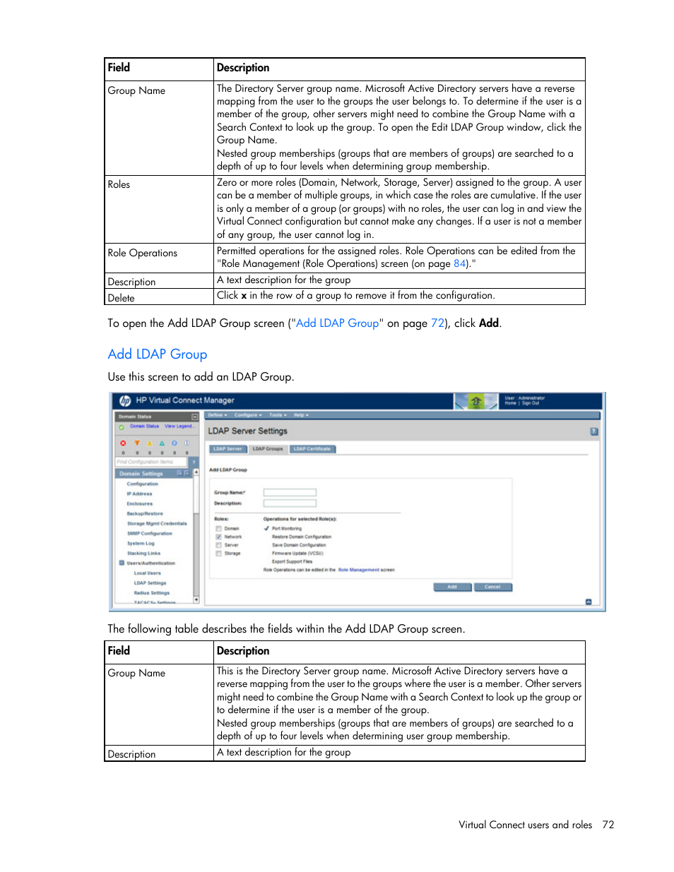 Add ldap group | HP Virtual Connect 8Gb 20-port Fibre Channel Module for c-Class BladeSystem User Manual | Page 72 / 317