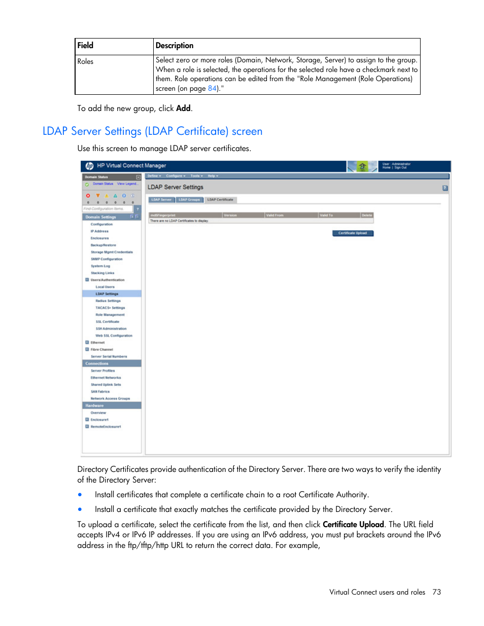 Ldap server settings (ldap certificate) screen | HP Virtual Connect 8Gb 20-port Fibre Channel Module for c-Class BladeSystem User Manual | Page 73 / 317