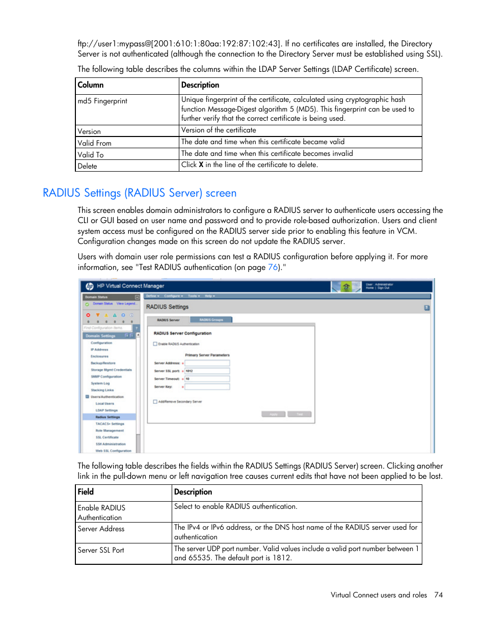 Radius settings (radius server) screen | HP Virtual Connect 8Gb 20-port Fibre Channel Module for c-Class BladeSystem User Manual | Page 74 / 317