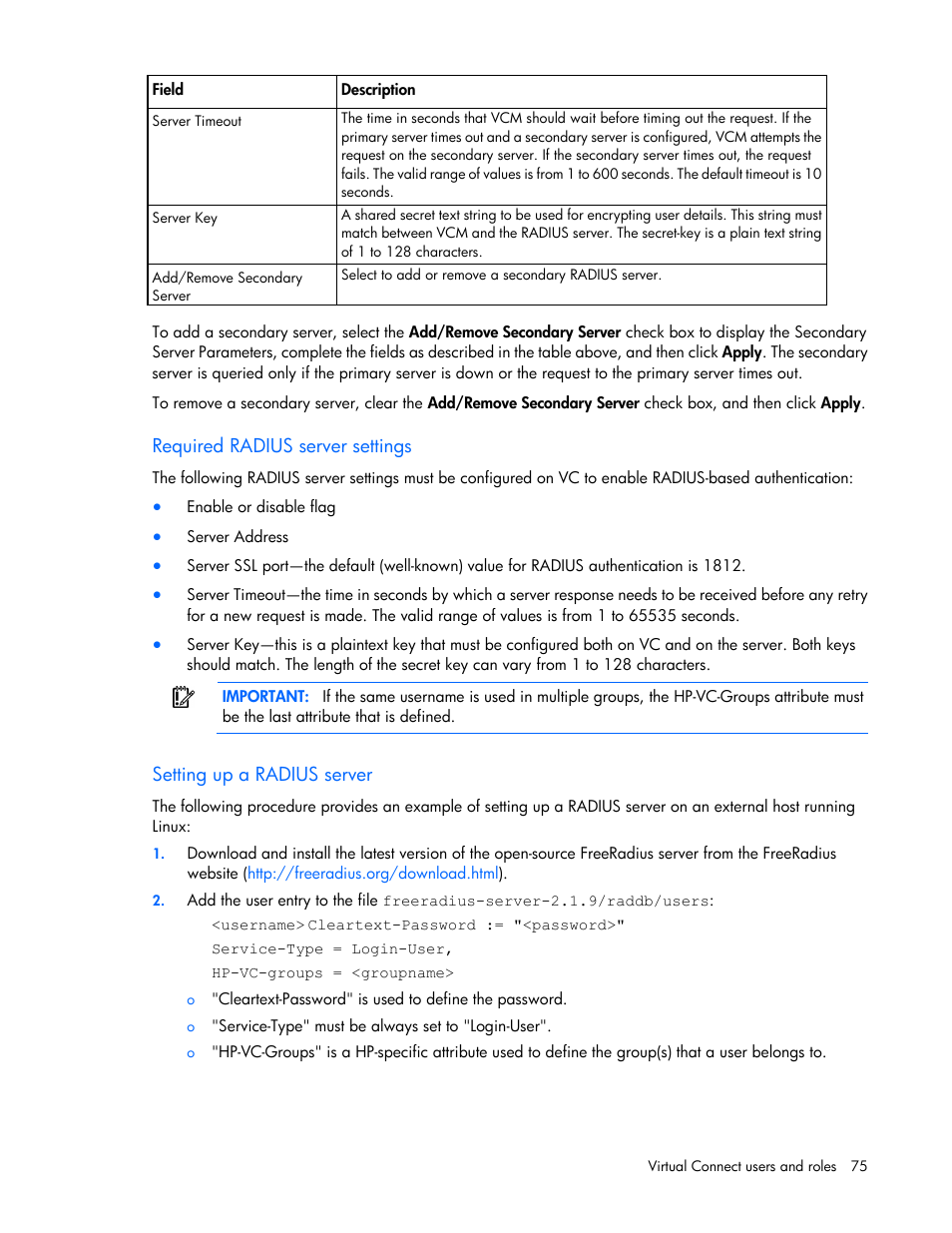 Required radius server settings, Setting up a radius server | HP Virtual Connect 8Gb 20-port Fibre Channel Module for c-Class BladeSystem User Manual | Page 75 / 317