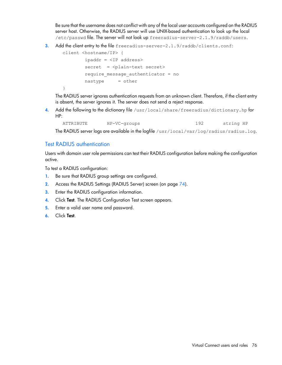 Test radius authentication | HP Virtual Connect 8Gb 20-port Fibre Channel Module for c-Class BladeSystem User Manual | Page 76 / 317