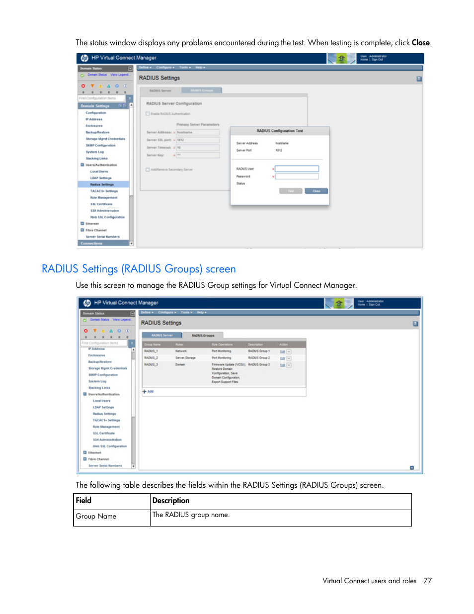 Radius settings (radius groups) screen | HP Virtual Connect 8Gb 20-port Fibre Channel Module for c-Class BladeSystem User Manual | Page 77 / 317