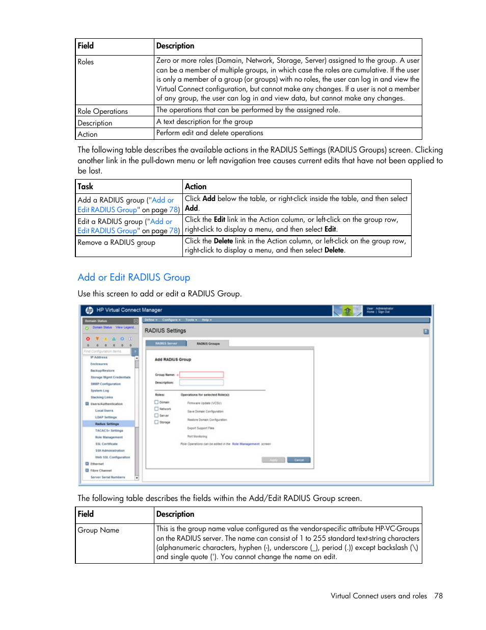 Add or edit radius group | HP Virtual Connect 8Gb 20-port Fibre Channel Module for c-Class BladeSystem User Manual | Page 78 / 317