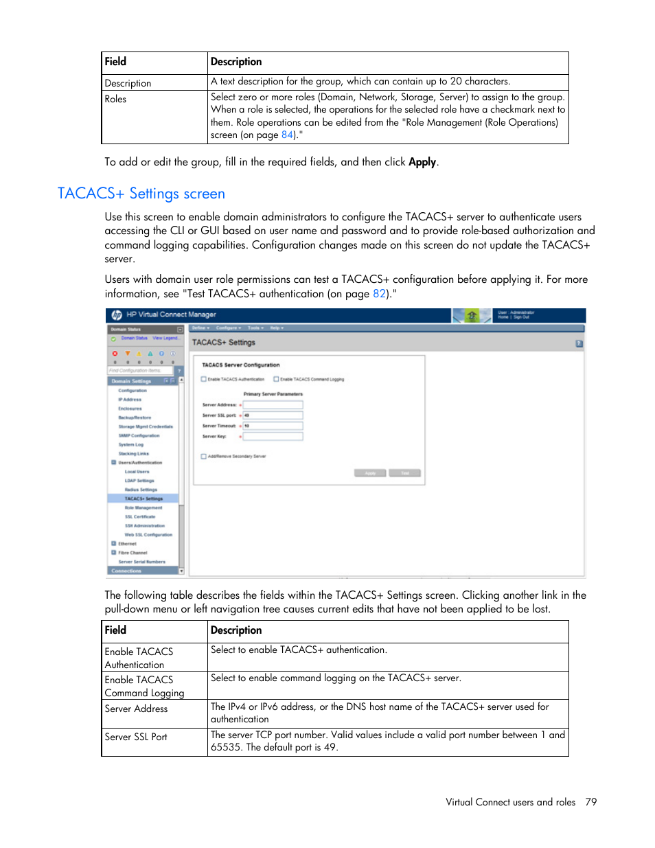 Tacacs+ settings screen | HP Virtual Connect 8Gb 20-port Fibre Channel Module for c-Class BladeSystem User Manual | Page 79 / 317