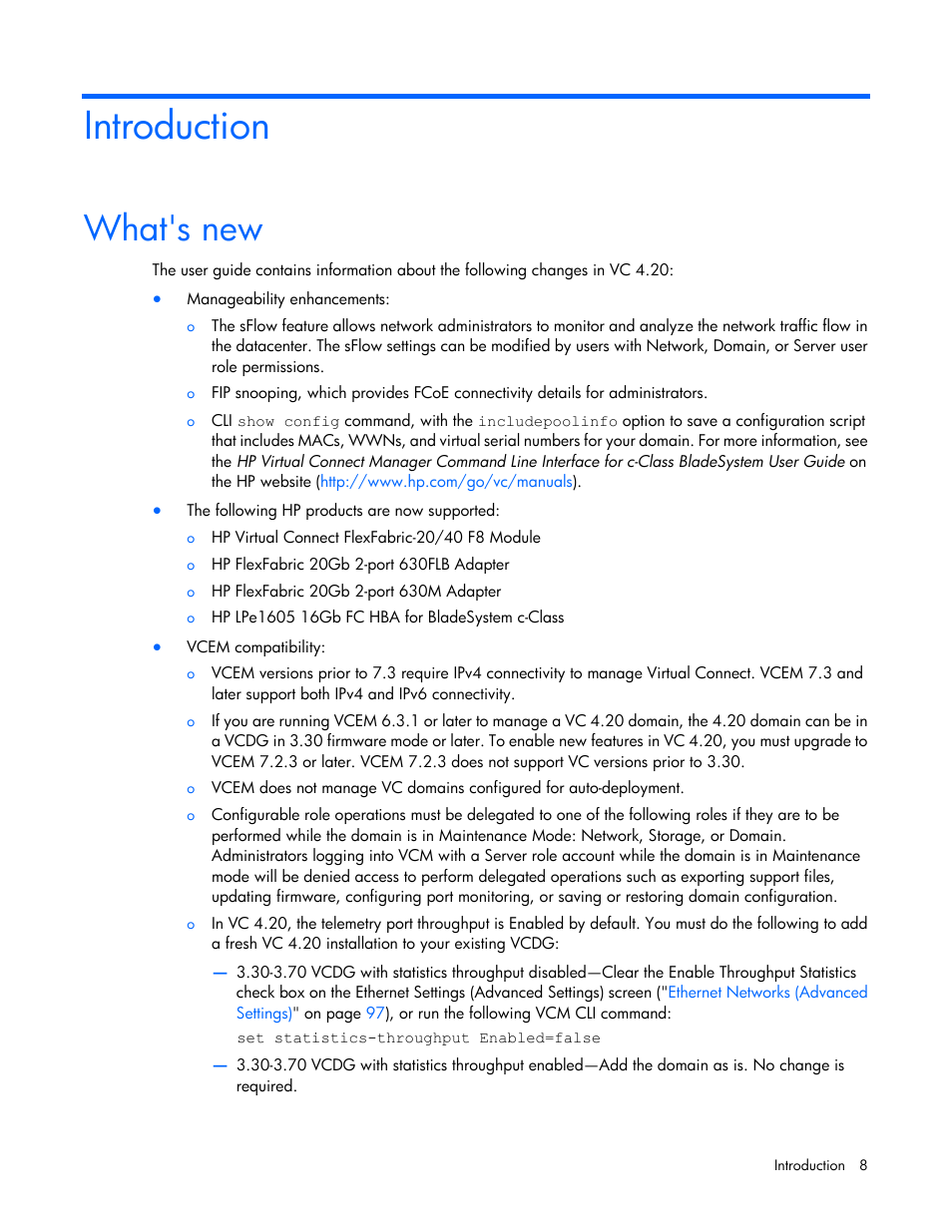 Introduction, What's new | HP Virtual Connect 8Gb 20-port Fibre Channel Module for c-Class BladeSystem User Manual | Page 8 / 317