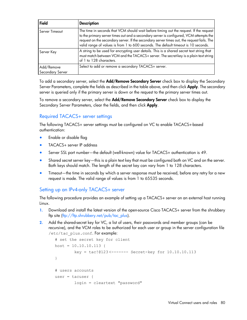 Required tacacs+ server settings, Setting up an ipv4-only tacacs+ server | HP Virtual Connect 8Gb 20-port Fibre Channel Module for c-Class BladeSystem User Manual | Page 80 / 317