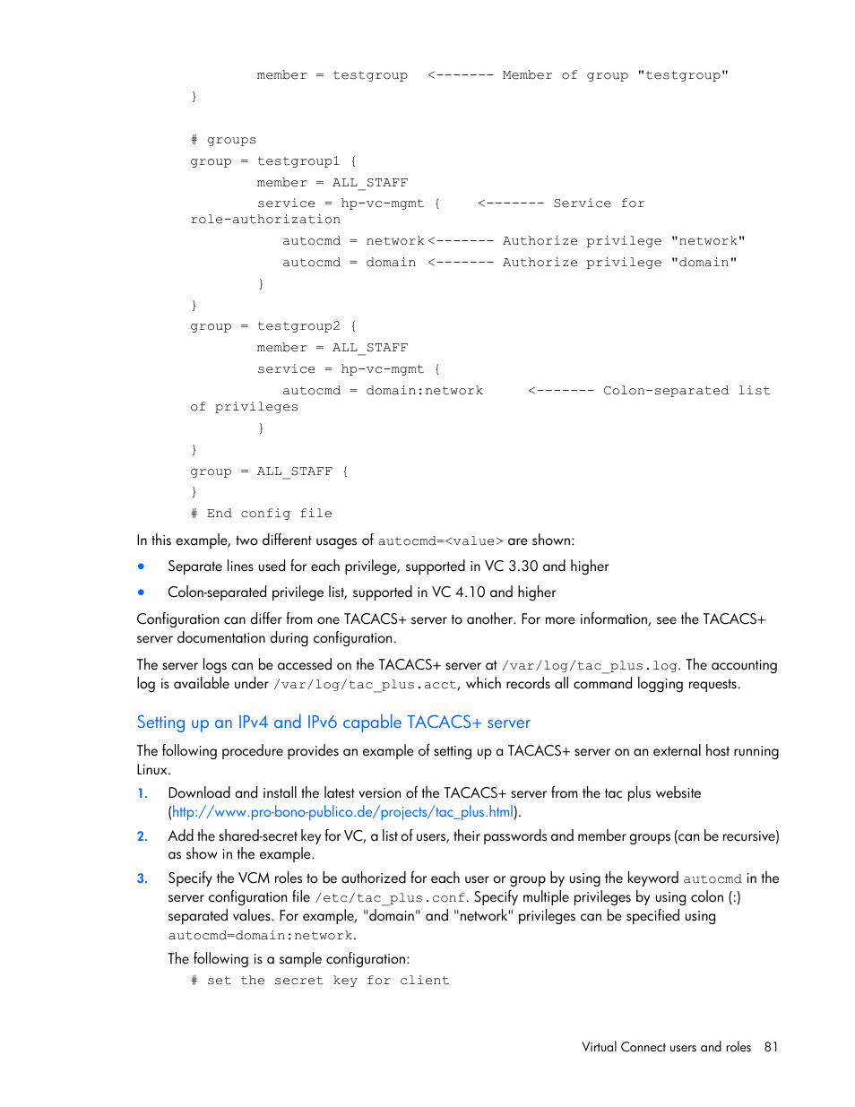 Setting up an ipv4 and ipv6 capable tacacs+ server | HP Virtual Connect 8Gb 20-port Fibre Channel Module for c-Class BladeSystem User Manual | Page 81 / 317