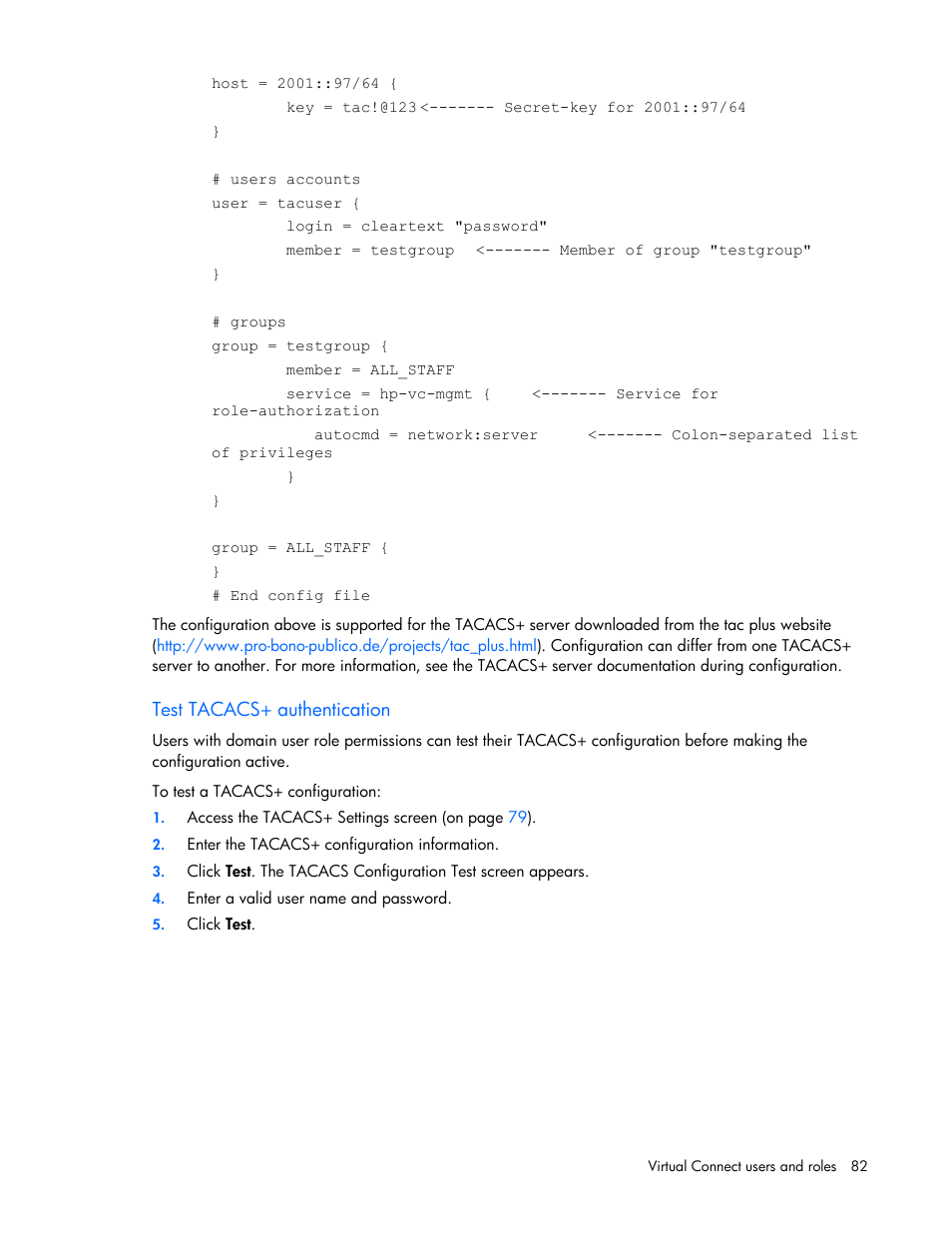 Test tacacs+ authentication | HP Virtual Connect 8Gb 20-port Fibre Channel Module for c-Class BladeSystem User Manual | Page 82 / 317