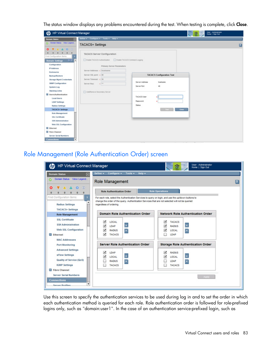 Role management (role authentication order) screen | HP Virtual Connect 8Gb 20-port Fibre Channel Module for c-Class BladeSystem User Manual | Page 83 / 317