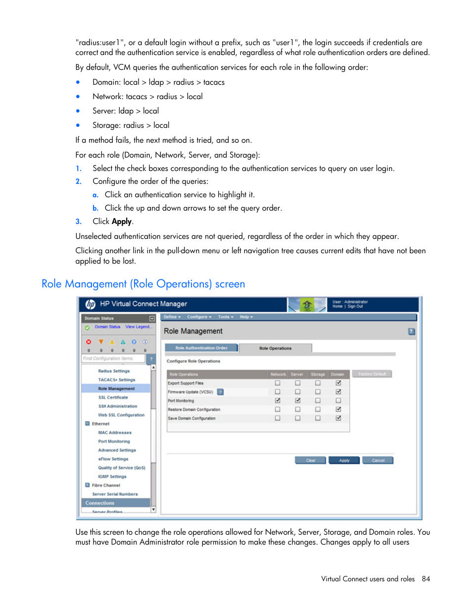 Role management (role operations) screen | HP Virtual Connect 8Gb 20-port Fibre Channel Module for c-Class BladeSystem User Manual | Page 84 / 317