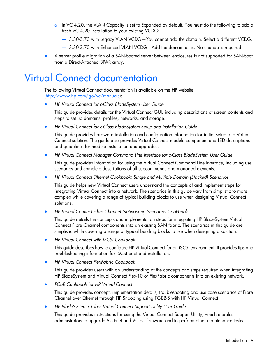 Virtual connect documentation | HP Virtual Connect 8Gb 20-port Fibre Channel Module for c-Class BladeSystem User Manual | Page 9 / 317