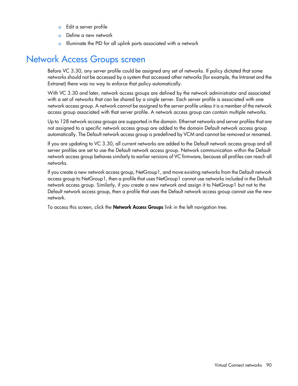 Network access groups screen | HP Virtual Connect 8Gb 20-port Fibre Channel Module for c-Class BladeSystem User Manual | Page 90 / 317