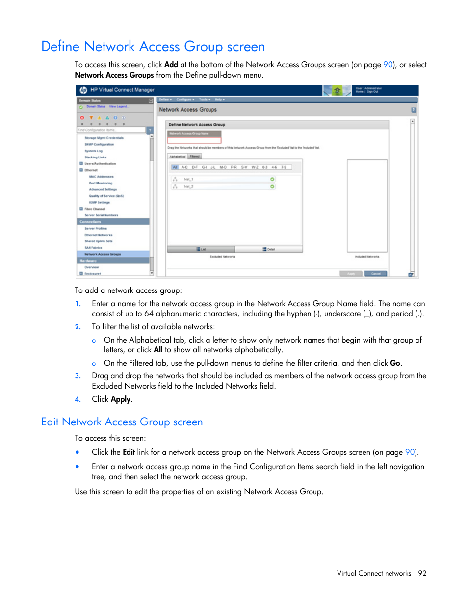 Define network access group screen, Edit network access group screen, Edit | Network access group screen | HP Virtual Connect 8Gb 20-port Fibre Channel Module for c-Class BladeSystem User Manual | Page 92 / 317